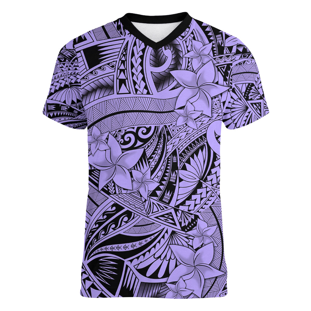 Polynesia Women V Neck T Shirt Tribal Polynesian Spirit With Violet Pacific Flowers LT9 Female Violet - Polynesian Pride