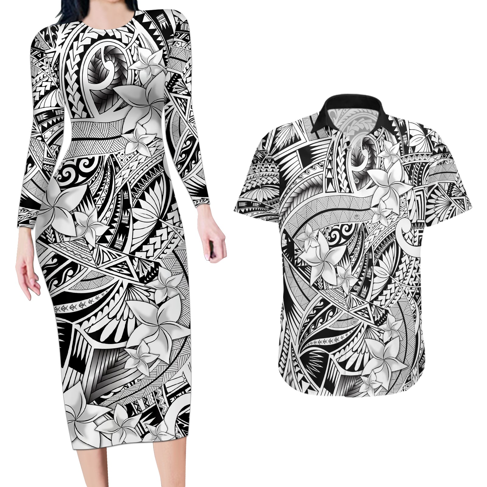 Polynesia Couples Matching Long Sleeve Bodycon Dress and Hawaiian Shirt Tribal Polynesian Spirit With White Pacific Flowers LT9 White - Polynesian Pride