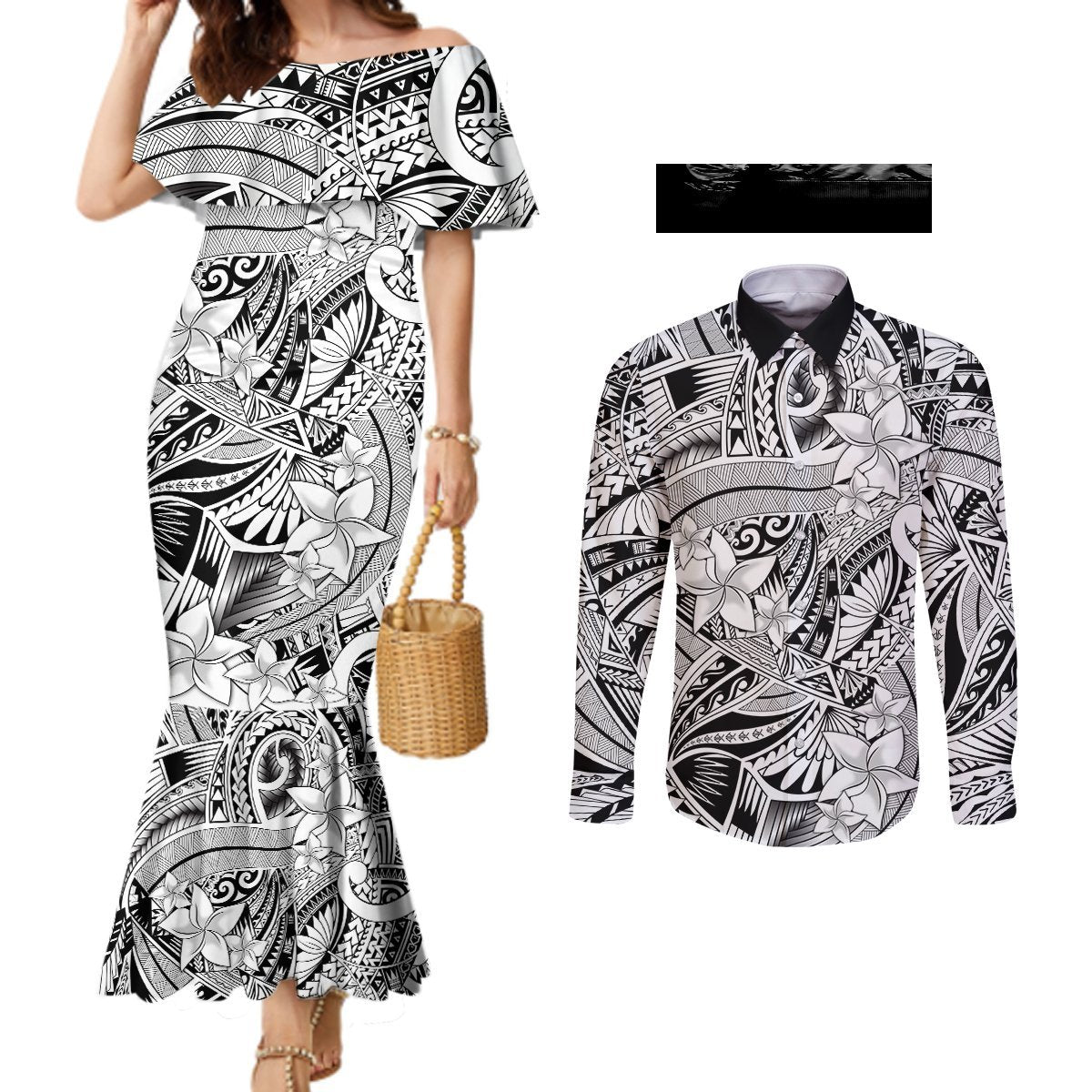 Polynesia Couples Matching Mermaid Dress and Long Sleeve Button Shirt Tribal Polynesian Spirit With White Pacific Flowers LT9 White - Polynesian Pride