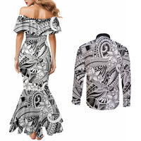 Polynesia Couples Matching Mermaid Dress and Long Sleeve Button Shirt Tribal Polynesian Spirit With White Pacific Flowers LT9 - Polynesian Pride