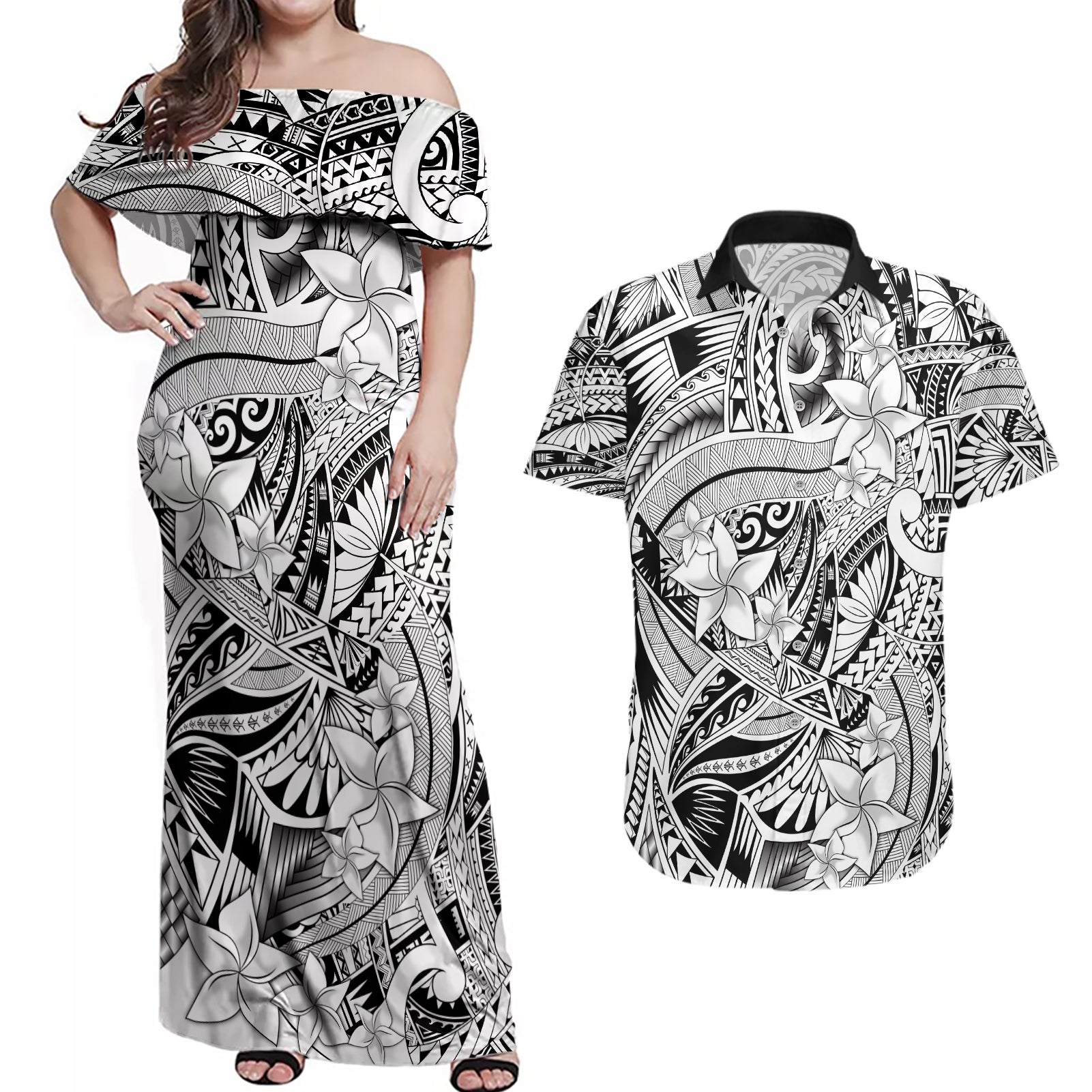 Polynesia Couples Matching Off Shoulder Maxi Dress and Hawaiian Shirt Tribal Polynesian Spirit With White Pacific Flowers LT9 White - Polynesian Pride