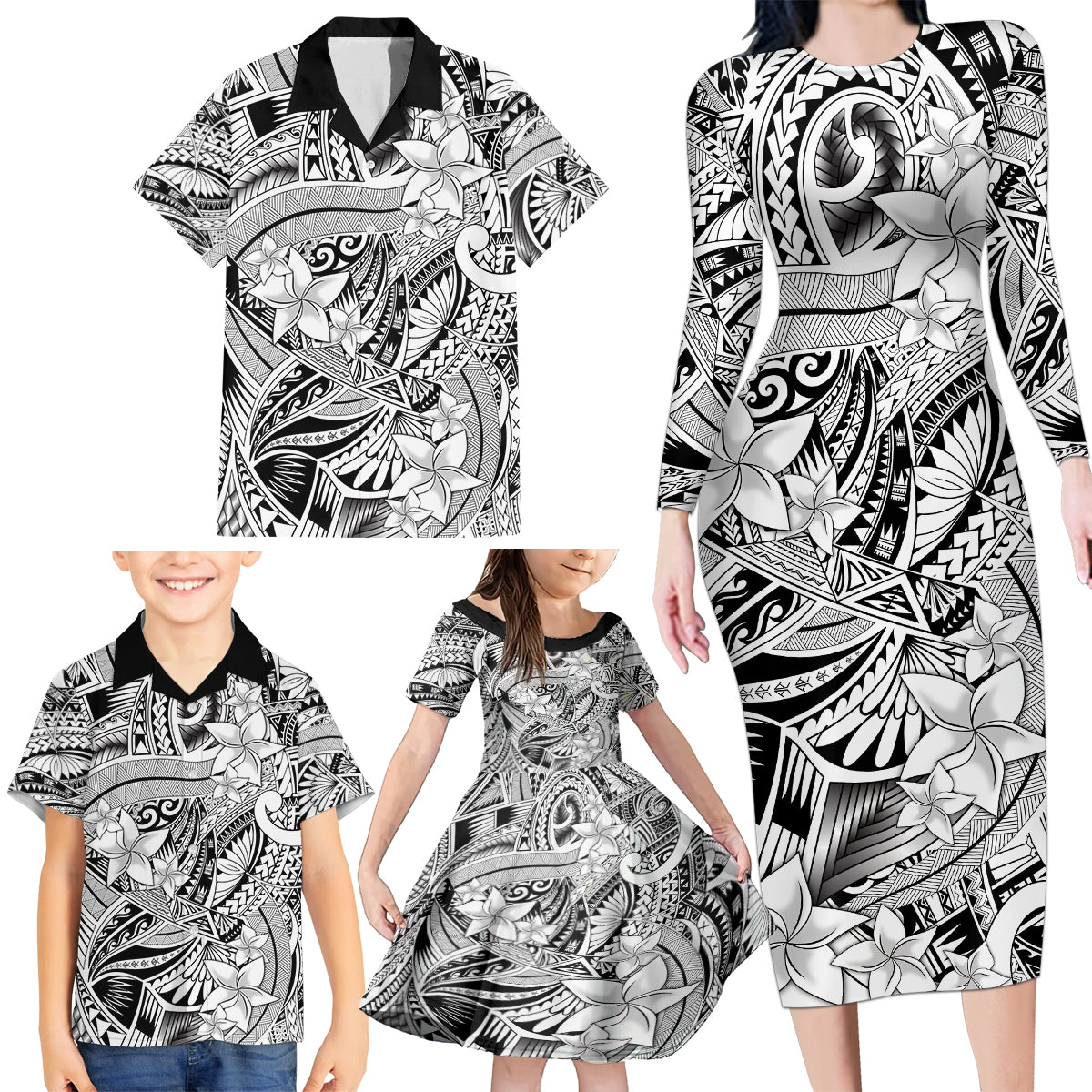 Polynesia Family Matching Long Sleeve Bodycon Dress and Hawaiian Shirt Tribal Polynesian Spirit With White Pacific Flowers LT9 - Polynesian Pride