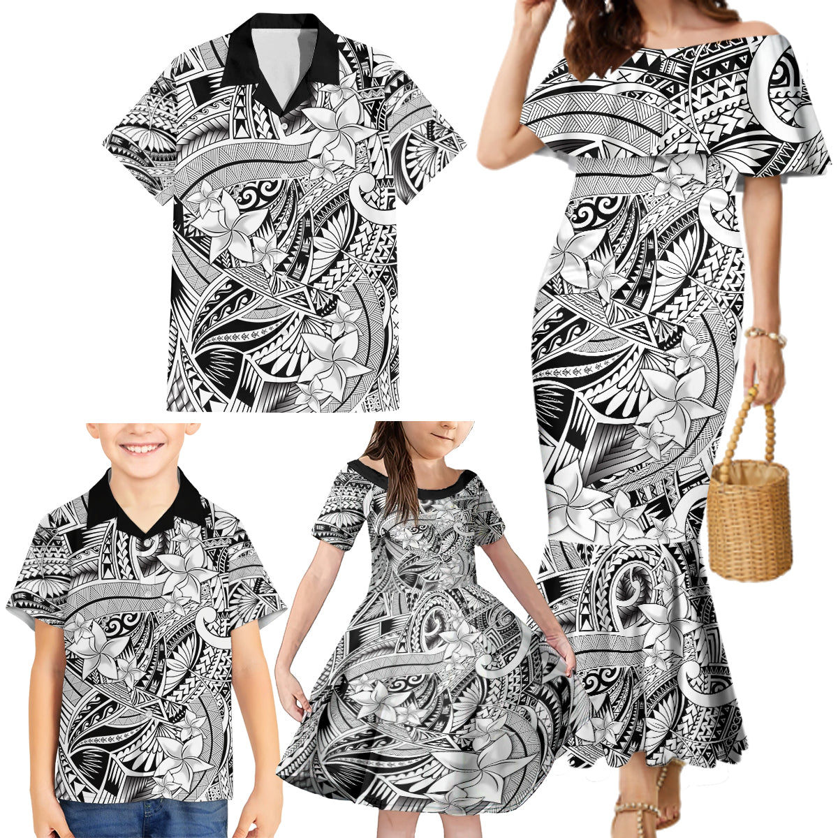 Polynesia Family Matching Mermaid Dress and Hawaiian Shirt Tribal Polynesian Spirit With White Pacific Flowers LT9 - Polynesian Pride