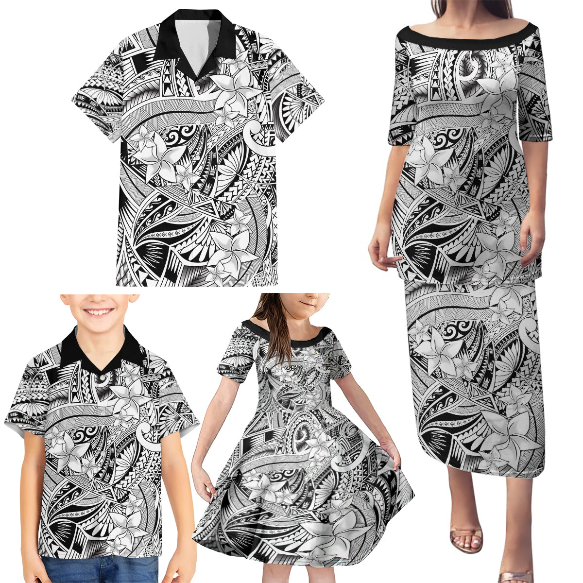 Polynesia Family Matching Puletasi Dress and Hawaiian Shirt Tribal Polynesian Spirit With White Pacific Flowers LT9 - Polynesian Pride