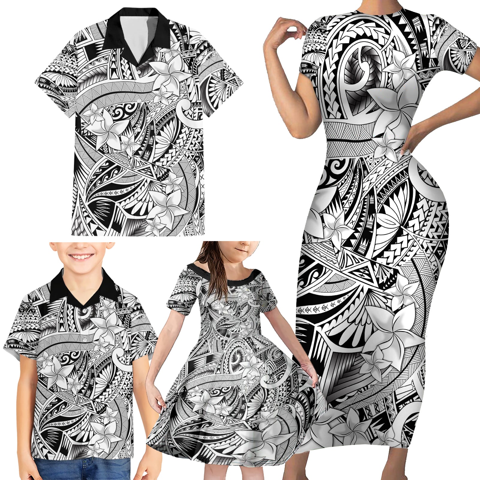 Polynesia Family Matching Short Sleeve Bodycon Dress and Hawaiian Shirt Tribal Polynesian Spirit With White Pacific Flowers LT9 - Polynesian Pride