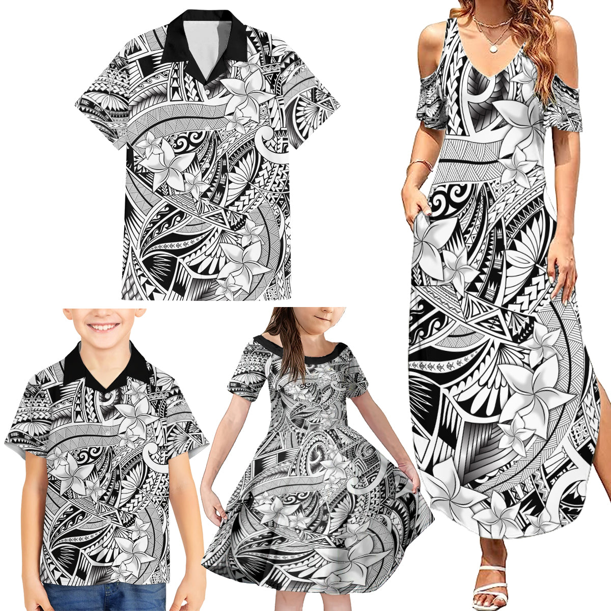 Polynesia Family Matching Summer Maxi Dress and Hawaiian Shirt Tribal Polynesian Spirit With White Pacific Flowers LT9 - Polynesian Pride