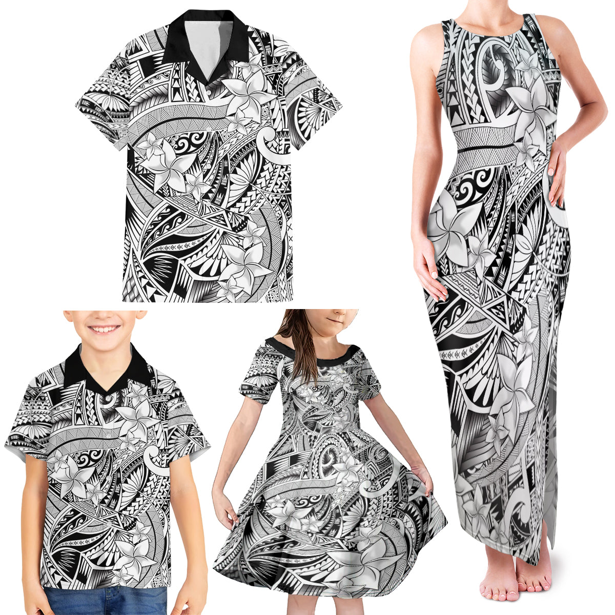 Polynesia Family Matching Tank Maxi Dress and Hawaiian Shirt Tribal Polynesian Spirit With White Pacific Flowers LT9 - Polynesian Pride