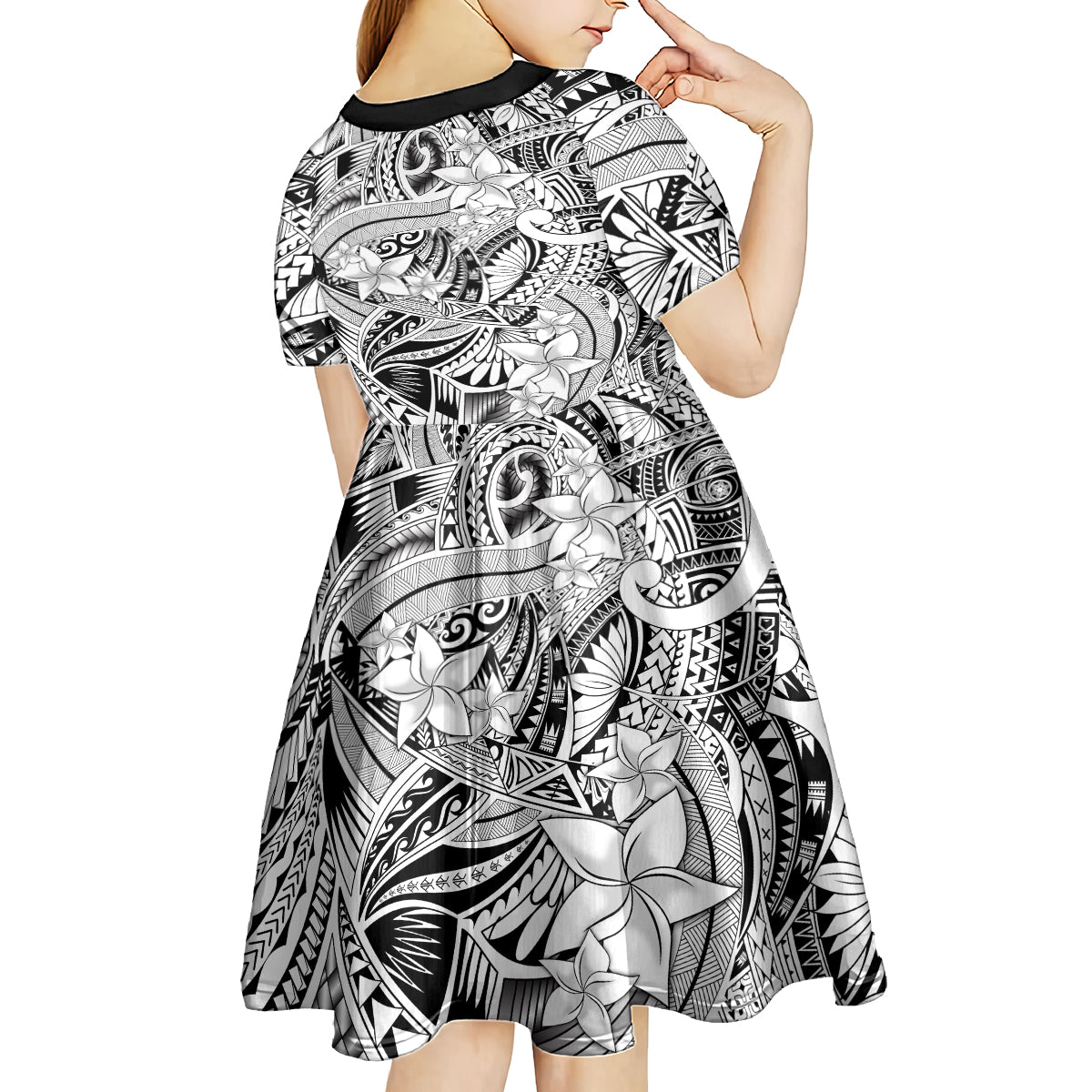 Polynesia Kid Short Sleeve Dress Tribal Polynesian Spirit With White Pacific Flowers LT9 - Polynesian Pride