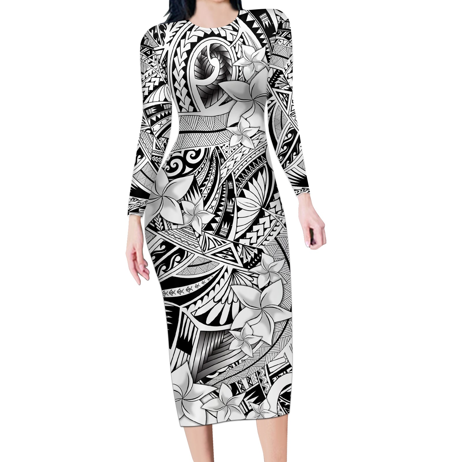 Polynesia Long Sleeve Bodycon Dress Tribal Polynesian Spirit With White Pacific Flowers LT9 Long Dress White - Polynesian Pride