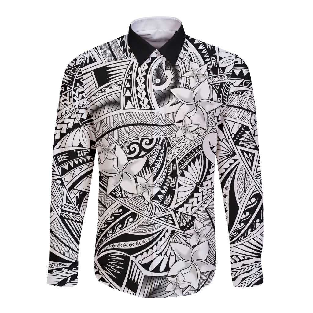 Polynesia Long Sleeve Button Shirt Tribal Polynesian Spirit With White Pacific Flowers LT9 Unisex White - Polynesian Pride