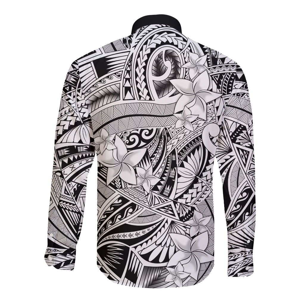 Polynesia Long Sleeve Button Shirt Tribal Polynesian Spirit With White Pacific Flowers LT9 - Polynesian Pride