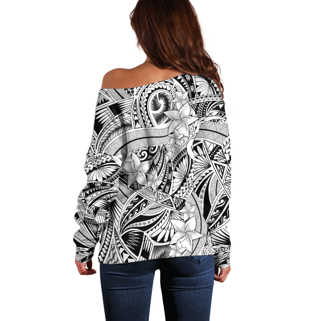 Polynesia Off Shoulder Sweater Tribal Polynesian Spirit With White Pacific Flowers LT9 - Polynesian Pride