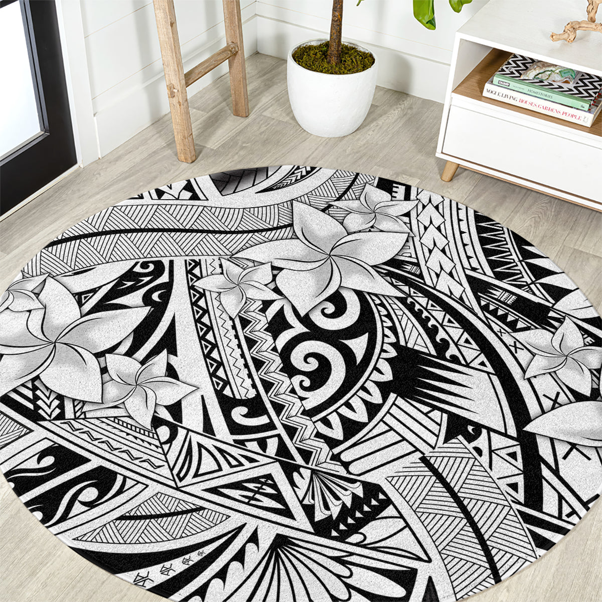 Polynesia Round Carpet Tribal Polynesian Spirit With White Pacific Flowers LT9 White - Polynesian Pride