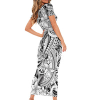 Polynesia Short Sleeve Bodycon Dress Tribal Polynesian Spirit With White Pacific Flowers LT9 - Polynesian Pride