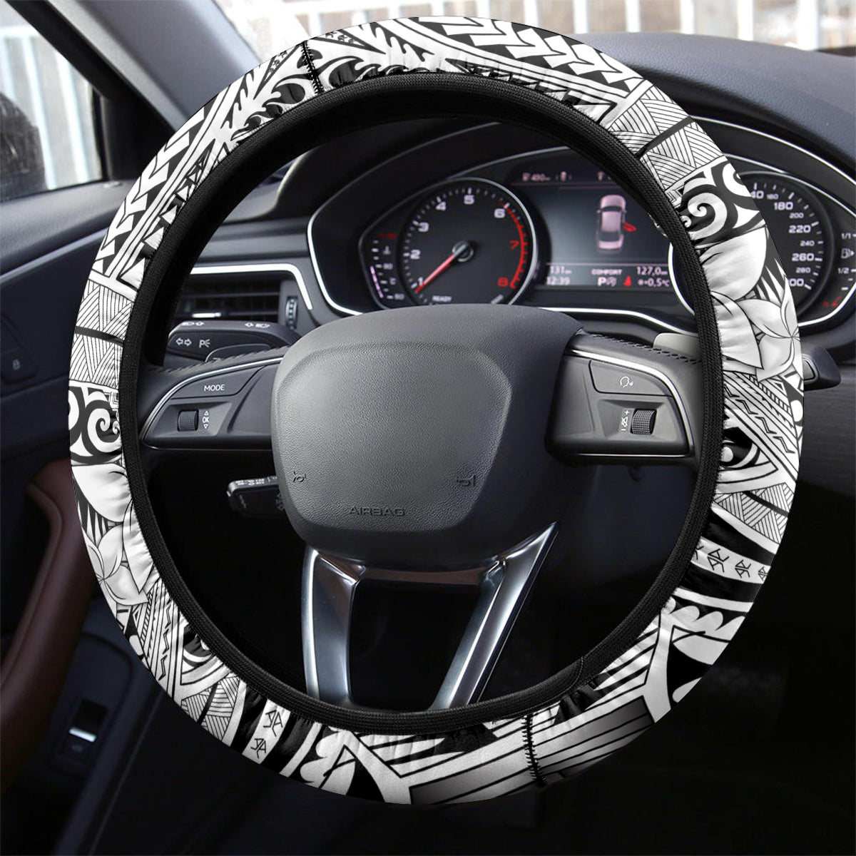 Polynesia Steering Wheel Cover Tribal Polynesian Spirit With White Pacific Flowers LT9 - Polynesian Pride