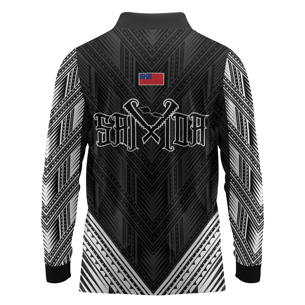 Black Samoa Tribal Chest Tattoo Long Sleeve Polo Shirt LT9 - Polynesian Pride