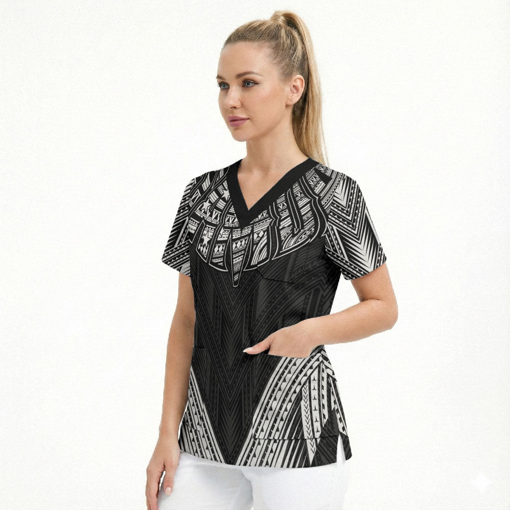 Black Samoa Tribal Chest Tattoo Scrub Top LT9 - Polynesian Pride