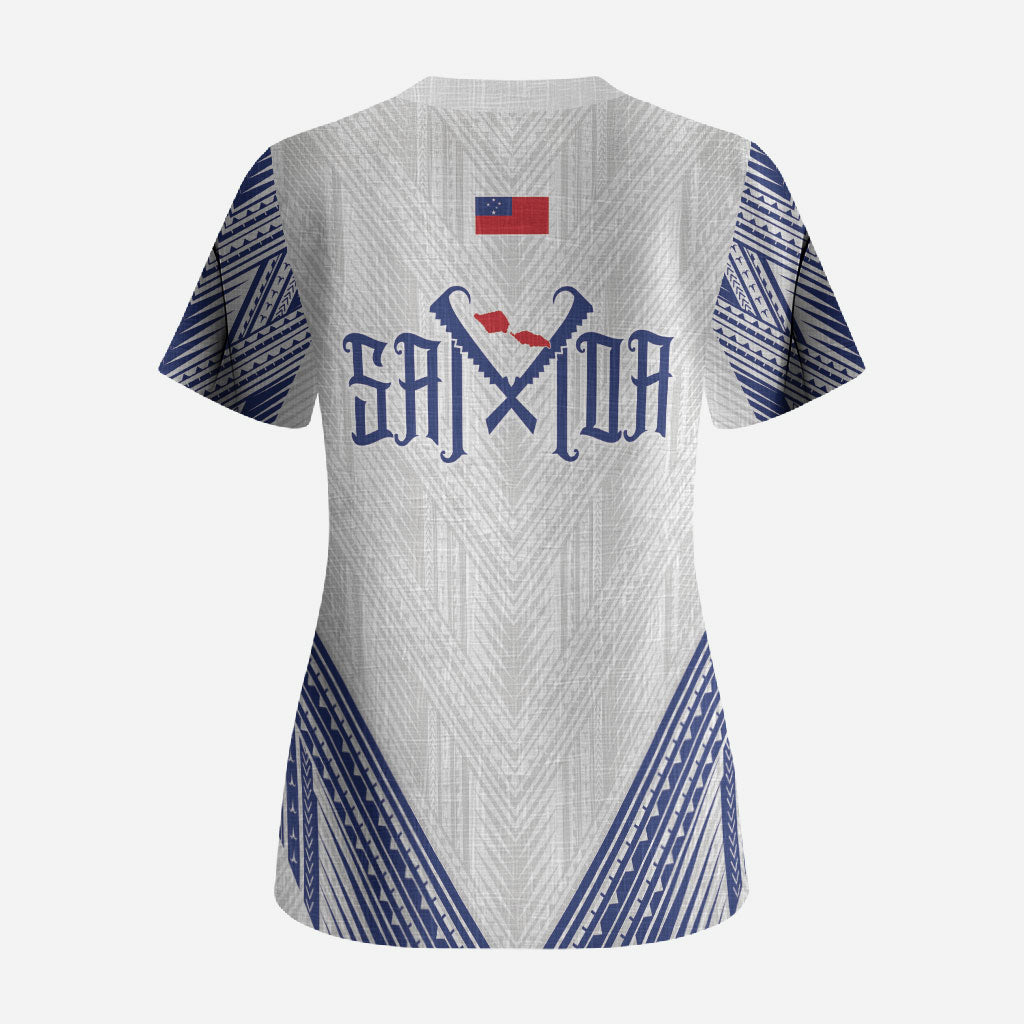 White Samoa Tribal Chest Tattoo Scrub Top LT9 - Polynesian Pride