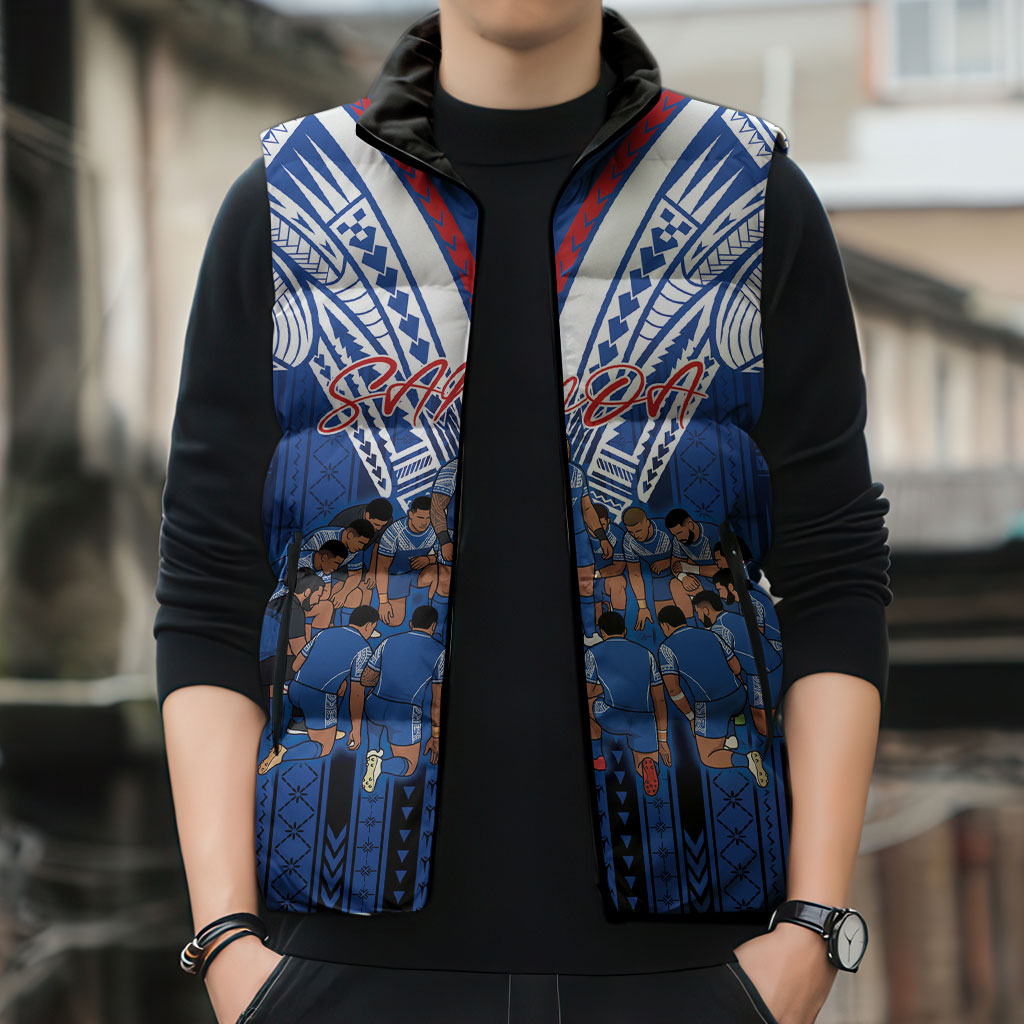 Toa Samoa Siva Tau Sleeveless Puffer Jacket Royal Blue Chevron Geometric Heritage LT9 - Polynesian Pride