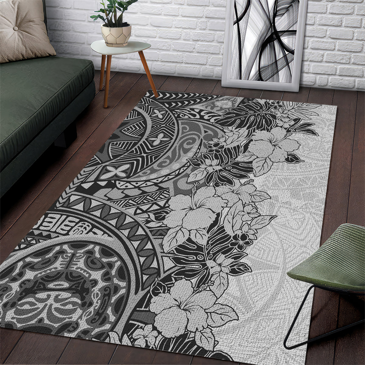 Polynesia Area Rug Hibiscus and Hawaiian Tribal Tattoo Retro Style Gray Color LT9 Gray - Polynesian Pride