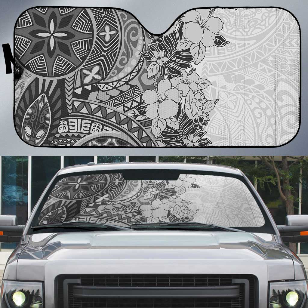 Polynesia Auto Sun Shade Hibiscus Hawaiian Tribal Tattoo Retro Gray - Polynesian Pride