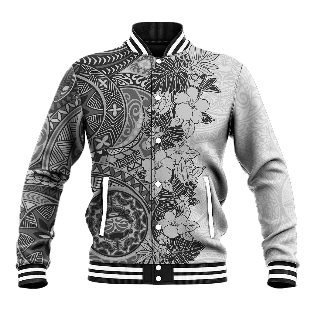 Polynesia Baseball Jacket Hibiscus and Hawaiian Tribal Tattoo Retro Style Gray Color LT9 Unisex Gray - Polynesian Pride