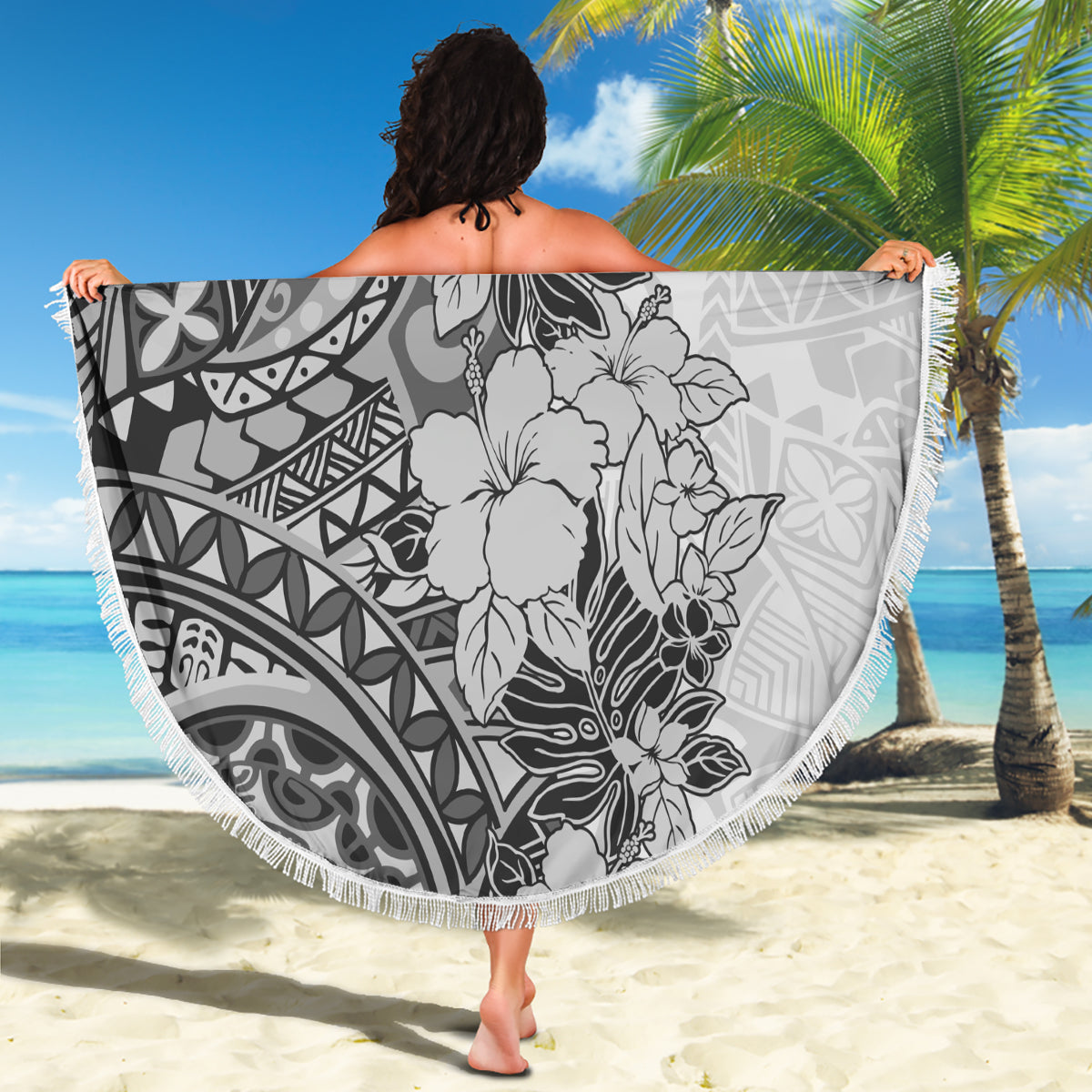 Polynesia Beach Blanket Hibiscus and Hawaiian Tribal Tattoo Retro Style Gray Color LT9 - Polynesian Pride