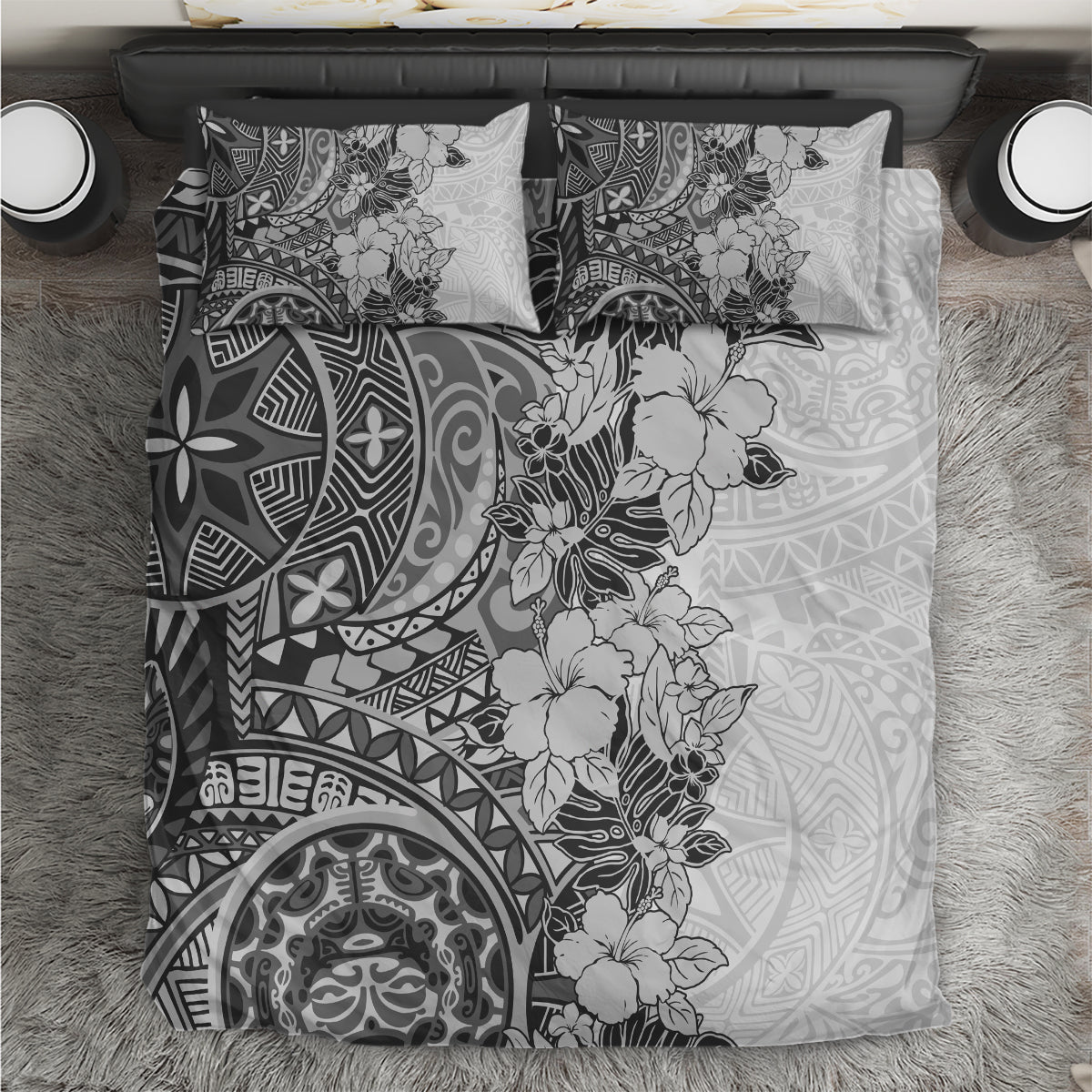 Polynesia Bedding Set Hibiscus and Hawaiian Tribal Tattoo Retro Style Gray Color LT9 Gray - Polynesian Pride