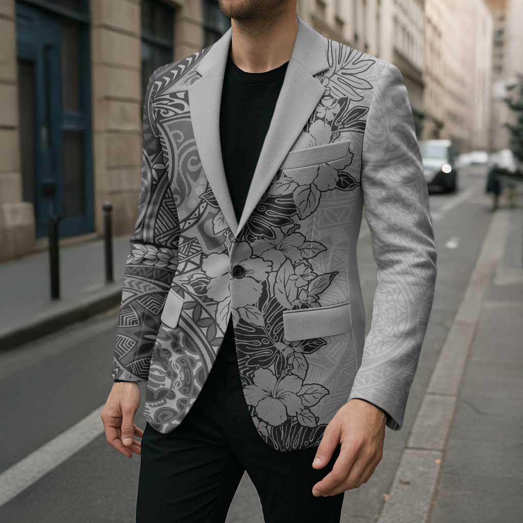 Polynesia Blazer Hibiscus Hawaiian Tribal Tattoo Retro Gray - Polynesian Pride