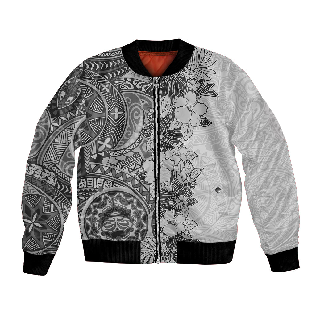 Polynesia Bomber Jacket Hibiscus and Hawaiian Tribal Tattoo Retro Style Gray Color LT9 Unisex Gray - Polynesian Pride