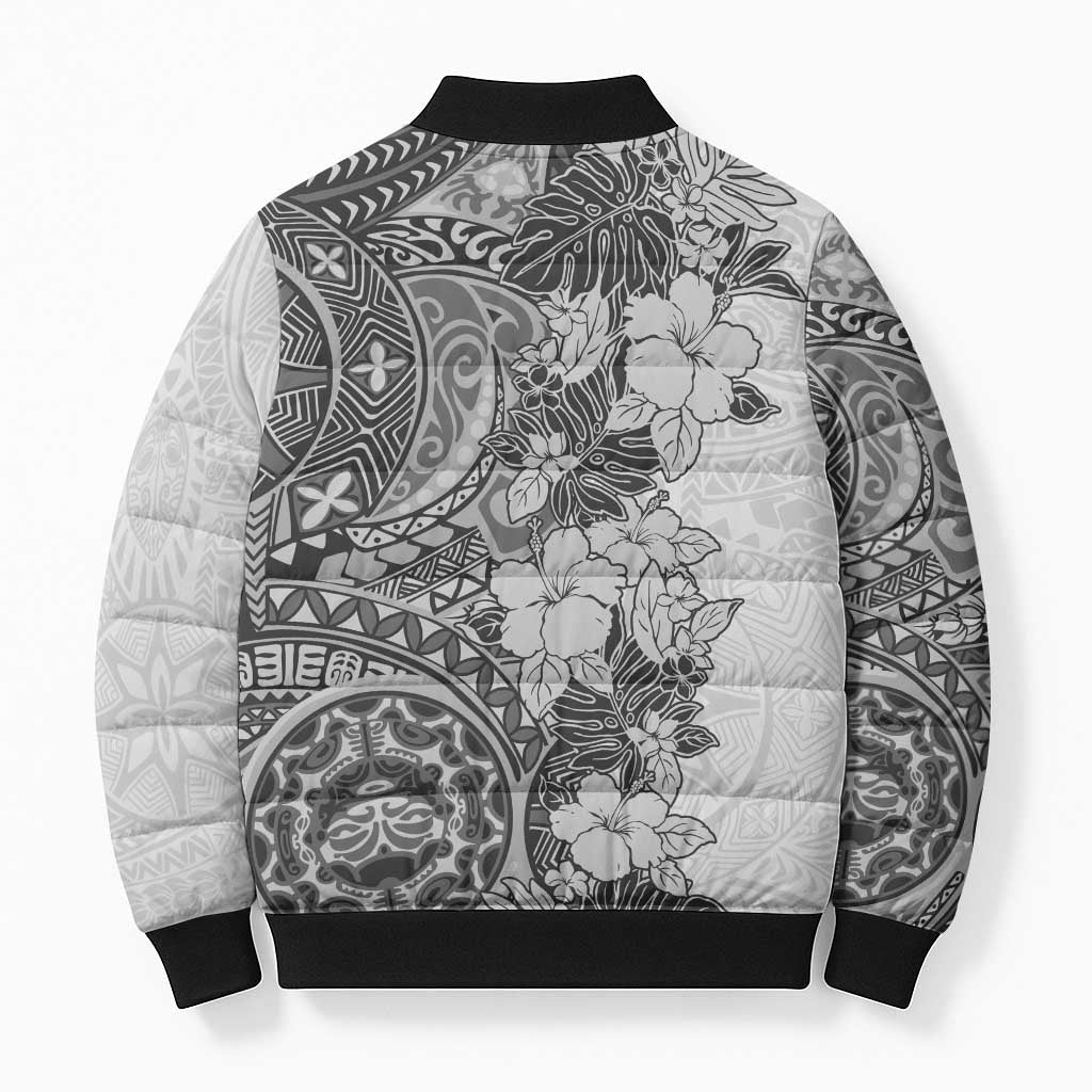 Polynesia Bomber Puffer Jacket Hibiscus Hawaiian Tribal Tattoo Retro Gray - Polynesian Pride