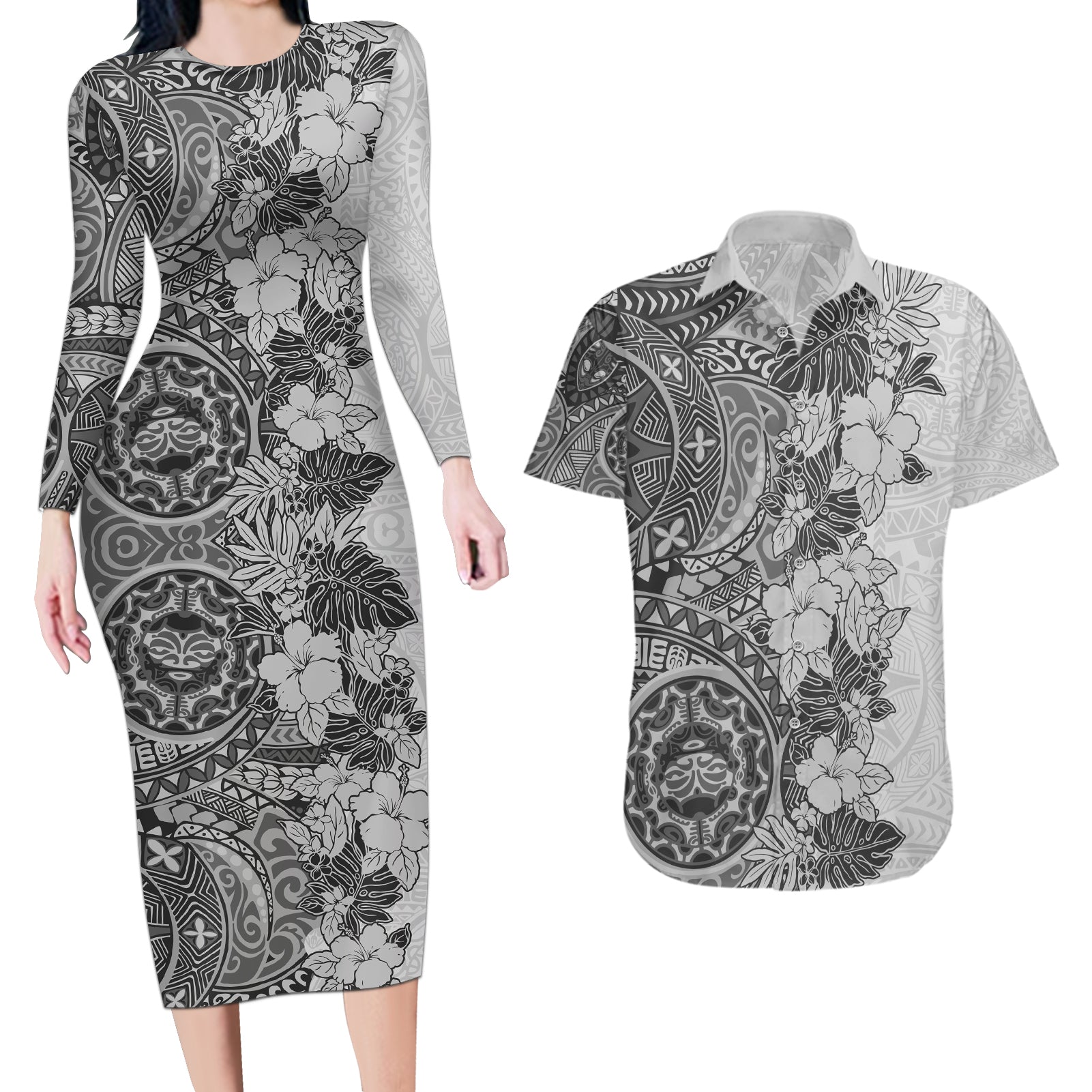 Polynesia Couples Matching Long Sleeve Bodycon Dress and Hawaiian Shirt Hibiscus and Hawaiian Tribal Tattoo Retro Style Gray Color LT9 Gray - Polynesian Pride