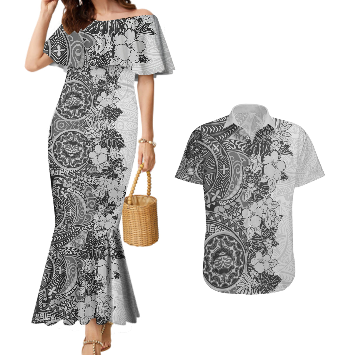 Polynesia Couples Matching Mermaid Dress and Hawaiian Shirt Hibiscus and Hawaiian Tribal Tattoo Retro Style Gray Color LT9 Gray - Polynesian Pride