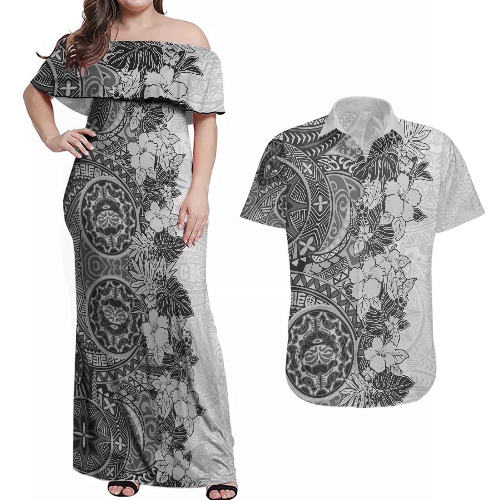 Polynesia Couples Matching Off Shoulder Maxi Dress and Hawaiian Shirt Hibiscus and Hawaiian Tribal Tattoo Retro Style Gray Color LT9 Gray - Polynesian Pride