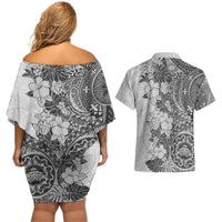 Polynesia Couples Matching Off Shoulder Short Dress and Hawaiian Shirt Hibiscus and Hawaiian Tribal Tattoo Retro Style Gray Color LT9 - Polynesian Pride