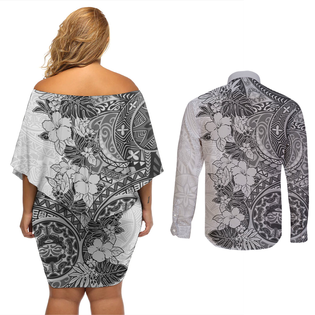 Polynesia Couples Matching Off Shoulder Short Dress and Long Sleeve Button Shirt Hibiscus and Hawaiian Tribal Tattoo Retro Style Gray Color LT9 - Polynesian Pride