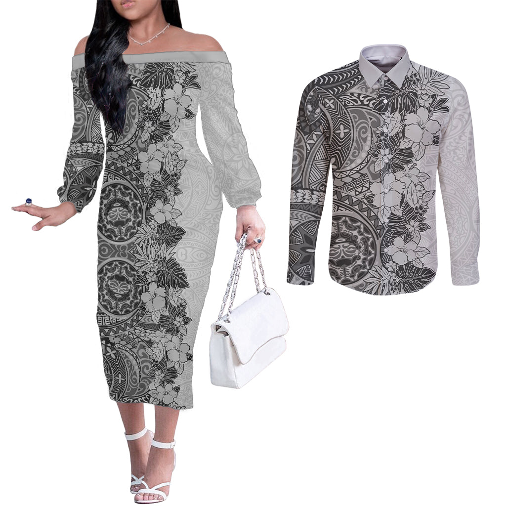 Polynesia Couples Matching Off The Shoulder Long Sleeve Dress and Long Sleeve Button Shirt Hibiscus and Hawaiian Tribal Tattoo Retro Style Gray Color LT9 Gray - Polynesian Pride