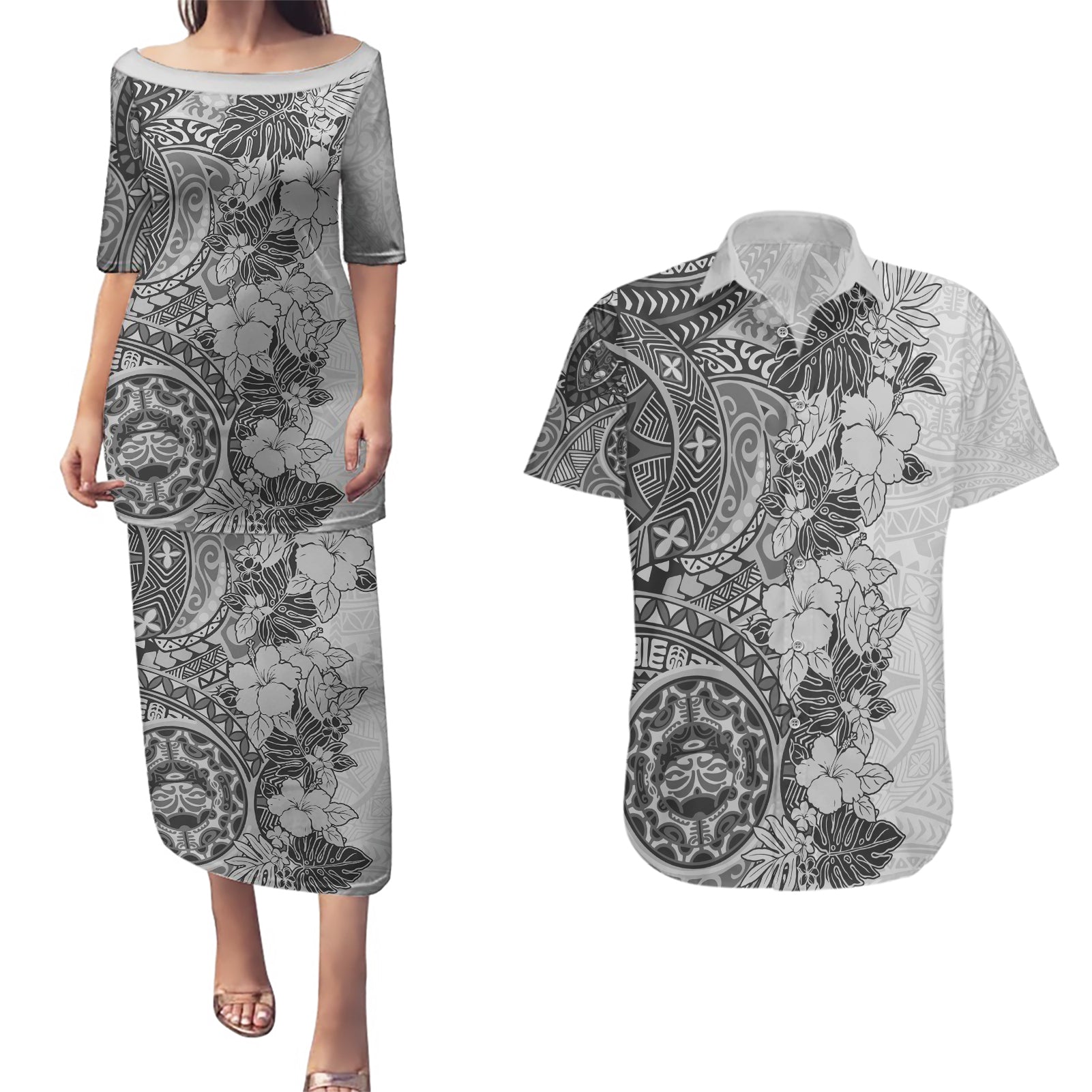 Polynesia Couples Matching Puletasi Dress and Hawaiian Shirt Hibiscus and Hawaiian Tribal Tattoo Retro Style Gray Color LT9 Gray - Polynesian Pride