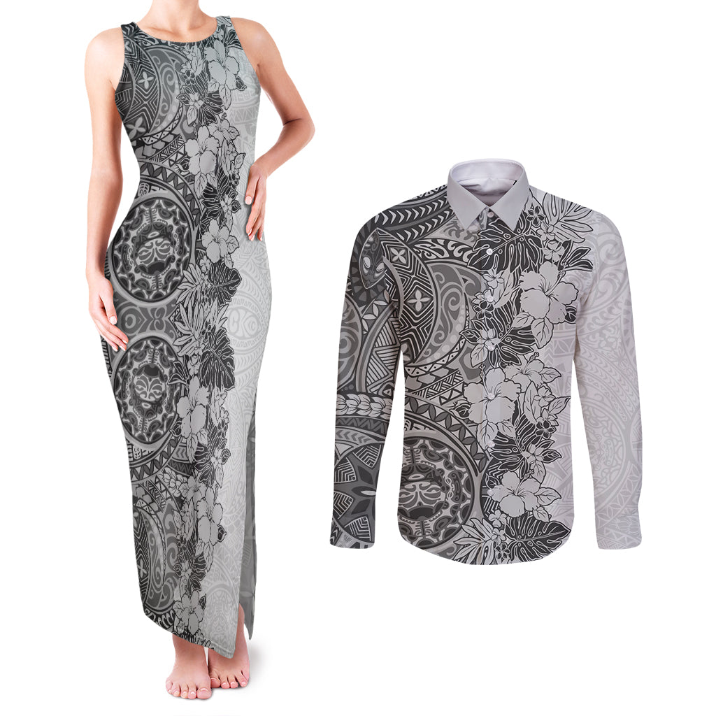Polynesia Couples Matching Tank Maxi Dress and Long Sleeve Button Shirt Hibiscus and Hawaiian Tribal Tattoo Retro Style Gray Color LT9 Gray - Polynesian Pride