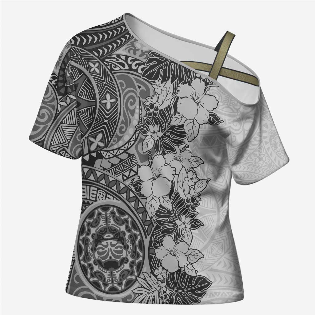 Polynesia Cross Shoulder Shirt Hibiscus Hawaiian Tribal Tattoo Retro Gray - Polynesian Pride
