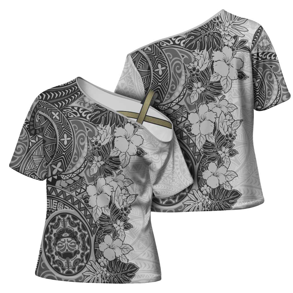 Polynesia Cross Shoulder Shirt Hibiscus Hawaiian Tribal Tattoo Retro Gray - Polynesian Pride