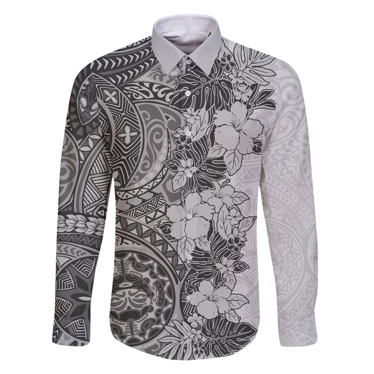 Polynesia Family Matching Long Sleeve Bodycon Dress and Hawaiian Shirt Hibiscus and Hawaiian Tribal Tattoo Retro Style Gray Color LT9 Dad's Shirt - Long Sleeve Gray - Polynesian Pride