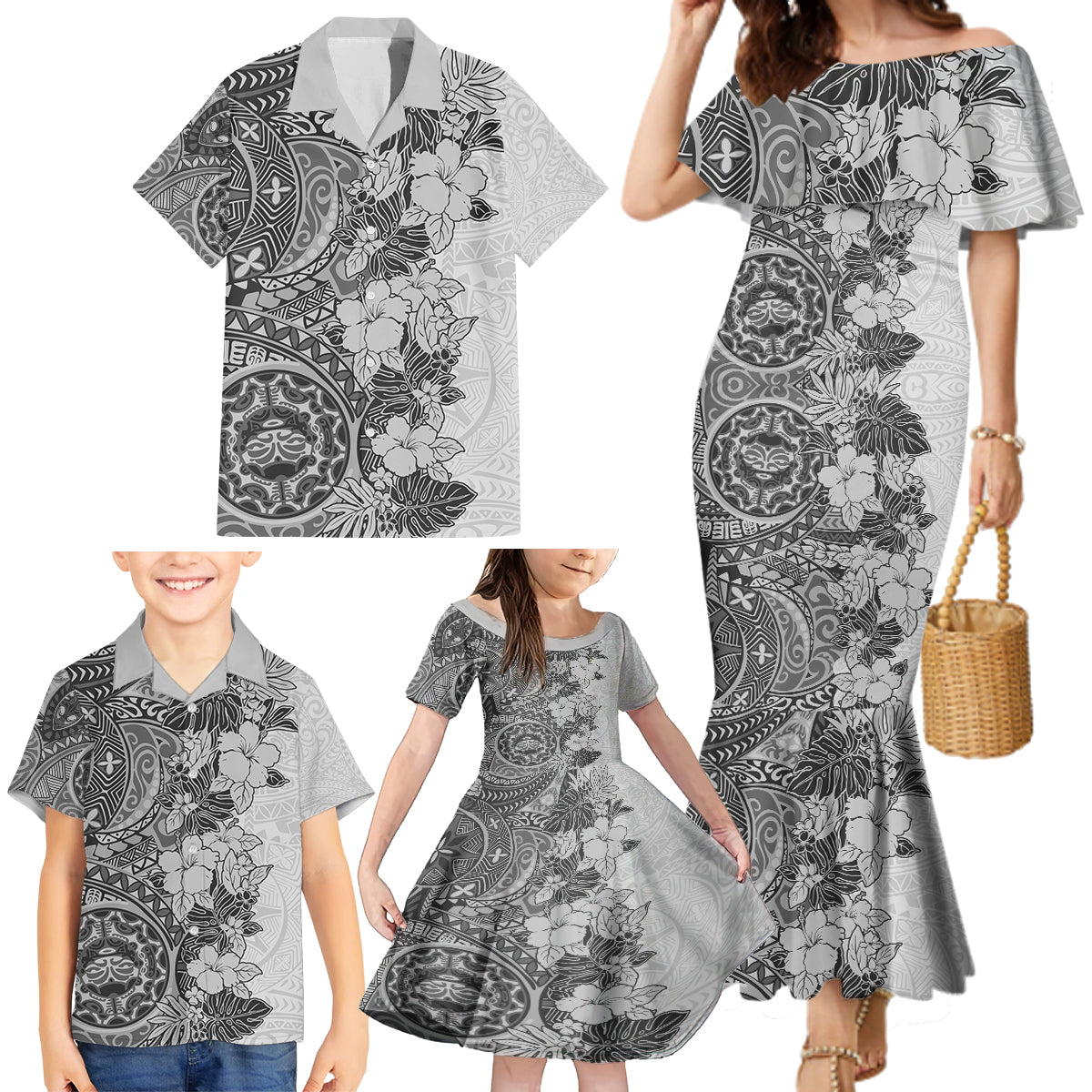 Polynesia Family Matching Mermaid Dress and Hawaiian Shirt Hibiscus and Hawaiian Tribal Tattoo Retro Style Gray Color LT9 - Polynesian Pride