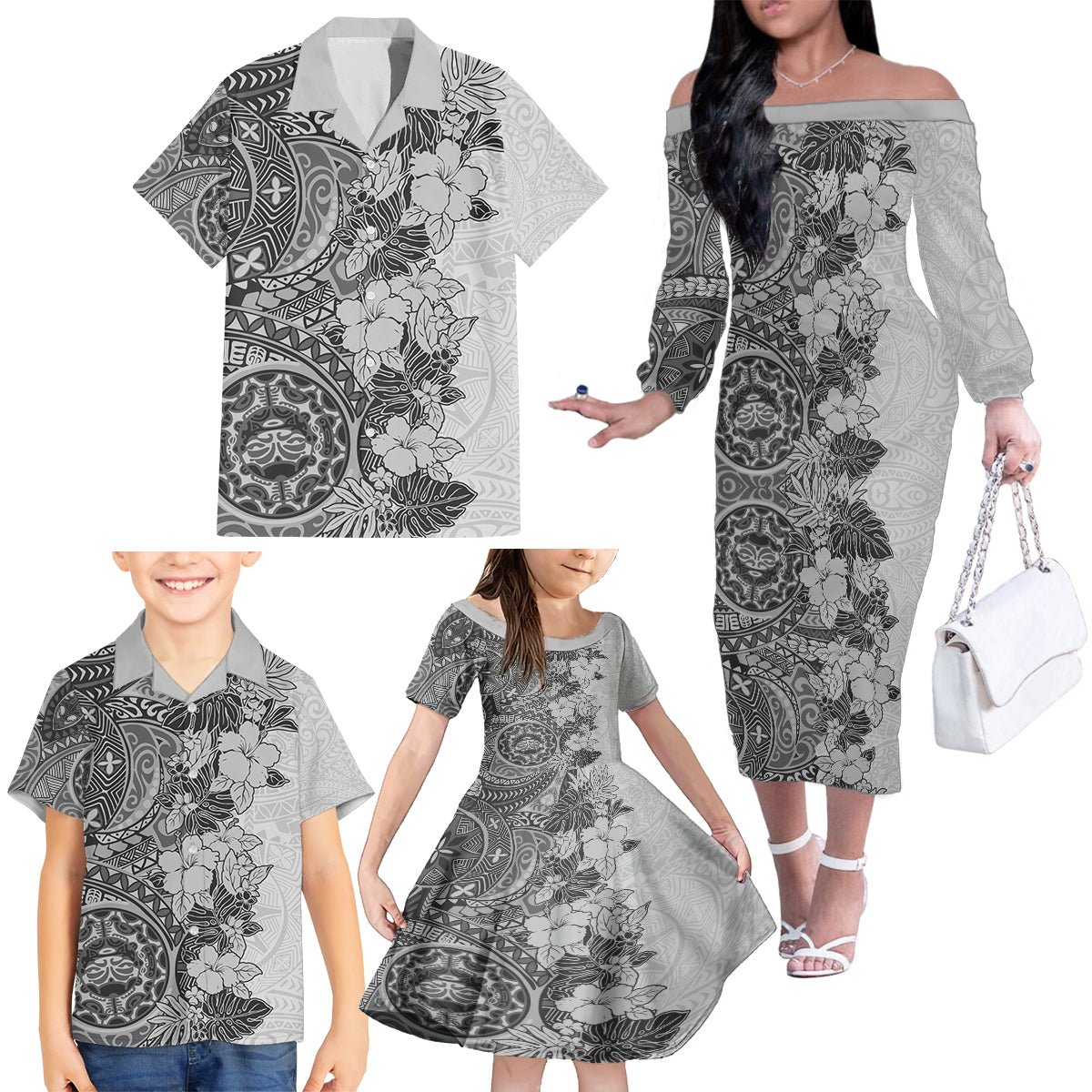 Polynesia Family Matching Off Shoulder Long Sleeve Dress and Hawaiian Shirt Hibiscus and Hawaiian Tribal Tattoo Retro Style Gray Color LT9 - Polynesian Pride