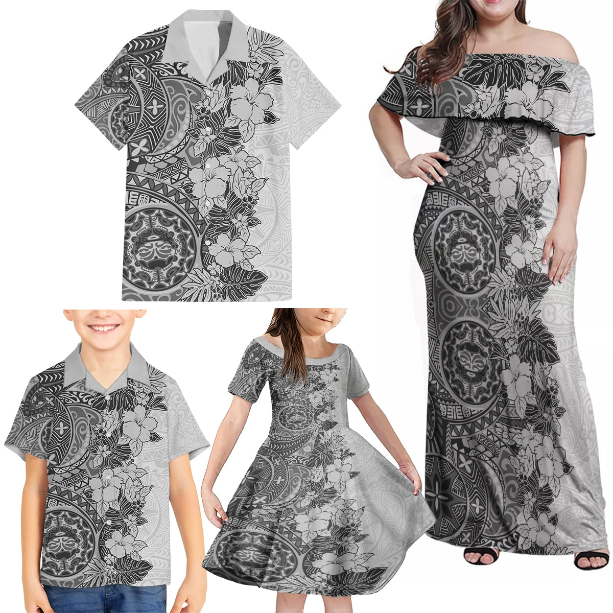 Polynesia Family Matching Off Shoulder Maxi Dress and Hawaiian Shirt Hibiscus and Hawaiian Tribal Tattoo Retro Style Gray Color LT9 - Polynesian Pride