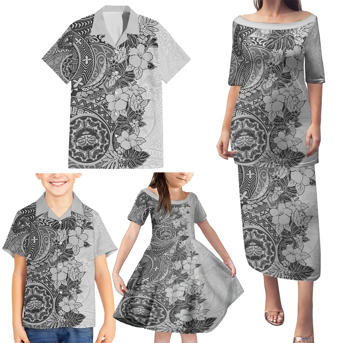 Polynesia Family Matching Puletasi Dress and Hawaiian Shirt Hibiscus and Hawaiian Tribal Tattoo Retro Style Gray Color LT9 - Polynesian Pride