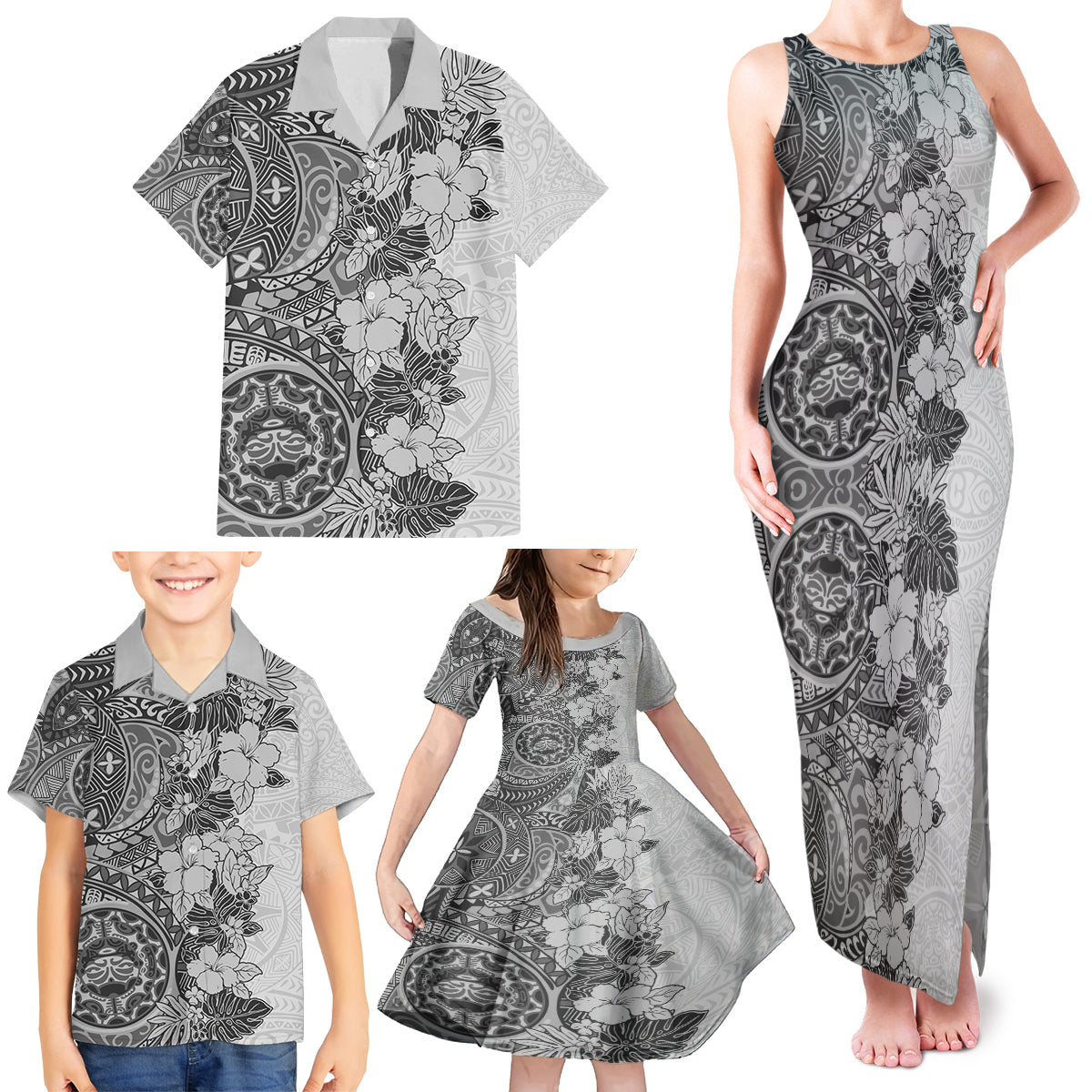 Polynesia Family Matching Tank Maxi Dress and Hawaiian Shirt Hibiscus and Hawaiian Tribal Tattoo Retro Style Gray Color LT9 - Polynesian Pride