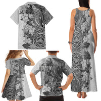 Polynesia Family Matching Tank Maxi Dress and Hawaiian Shirt Hibiscus and Hawaiian Tribal Tattoo Retro Style Gray Color LT9 - Polynesian Pride