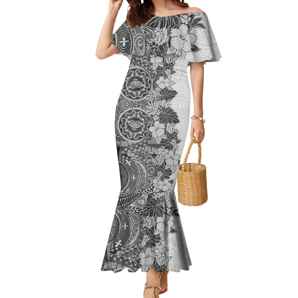 Polynesia Mermaid Dress Hibiscus and Hawaiian Tribal Tattoo Retro Style Gray Color LT9 Women Gray - Polynesian Pride