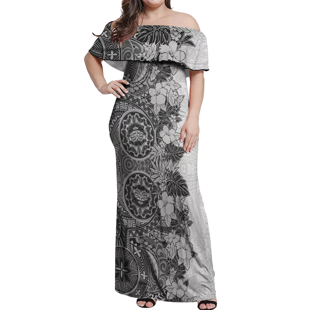 Polynesia Off Shoulder Maxi Dress Hibiscus and Hawaiian Tribal Tattoo Retro Style Gray Color LT9 Women Gray - Polynesian Pride